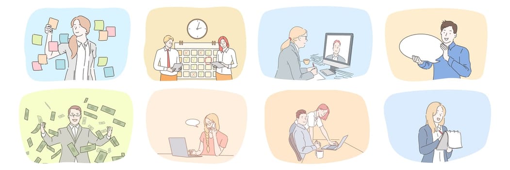 Success, business, profit, plan, time management, communication, wealth, teamwork set concept. Collection of businessmen women clerks managers work together in office planning strategy talking online.