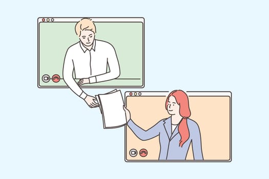 Business, video, conference, work, social distancing, quarantine, coronavirus concept. Young businessman and woman communicating and sending documents reports online. Remote call and working from home