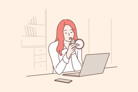 Business, makeup, work, preparation, dating concept. Young businesswoman clerk manager cartoon character sitting in office workplace and applying cosmetic lipstick. Preparing for meeting illustration.