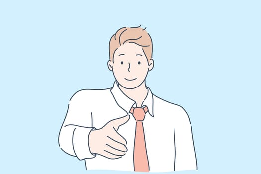 Meeting, greeting, business deal concept. Young smiling businessman, boy clerk manager boss reaches hand introduction. Making deal at meeting. Agreement. Greeting colleagues or partners. Acquaintance.