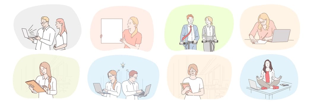 Success, business, meeting, partnership, brainstorming, meditation, communication, teamwork set concept. Collection businessmen women clerks managers working together planning strategy practicing yoga