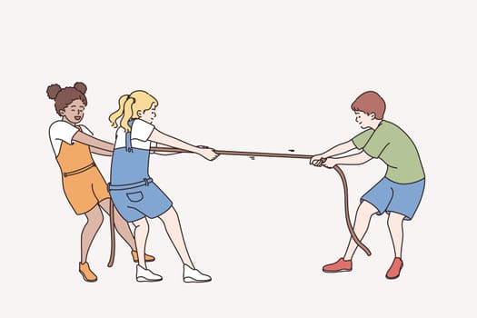 Happy playful childhood leisure concept. Group of children kids friends standing playing rope together trying to win outdoors vector illustration