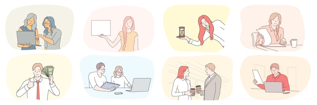 Success, business, advertising, analysis, plan, time management, communication, wealth, teamwork set concept. Collection of businessmen women clerks managers work together in office planning strategy.