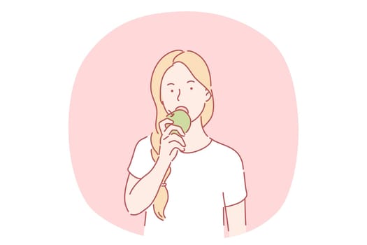 Healthy eating, vegetarian and vegan food, fruits concept. Young girl cartoon character biting and eating green fresh ripe apple vector illustration. Clean eating, diet, weight loss, seasonal produce