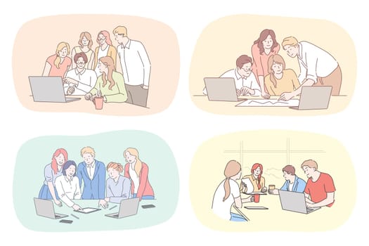 Success, business, leadership, coworking, meeting, partnership, brainstorming, communication, teamwork set. Collection of teams of businessmen women coworkers managers working together in office.