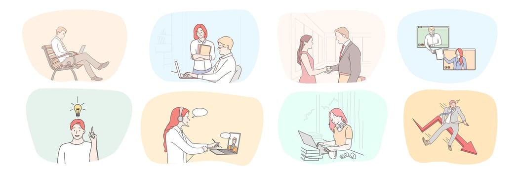 Success, business, meeting, crisis, bankruptcy, partnership, brainstorming, communication, teamwork set. Collection businessmen women managers freelancers working together making deal talking online.