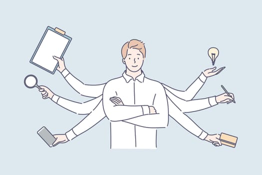 Multitasking, business efficiency, overload, professional competence concept. Young effective overloaded businessman, boy professional clerk competent manager leader with many hands. Multitasking.