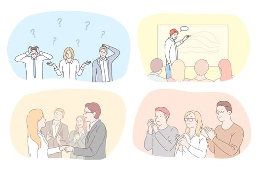 Success, business, leadership, meeting, partnership, brainstorming, communication set. Teams of businessmen women coworkers managers think about problem applauding participating in conference together