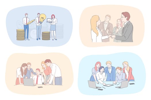 Success, business, leadership, money profit, coworking, meeting, partnership, brainstorming, communication, teamwork set. Teams of businessmen women managers making deal working together in office.