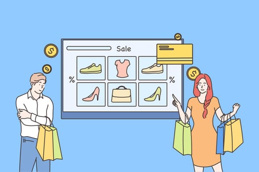 Technology, shopping, sale concept. Young man and woman customers cartoon characters buyers hold bags with clothes making payment online. Web catalogue and confirmation purchase remotely illustration.