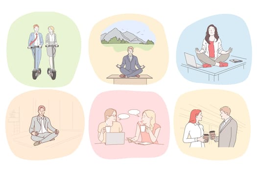 Recreation, business, meditation, communication set concept. Collection of businesspeople men women clerks managers taking on coffee break together practicing yoga and chatting in cafe illustration.