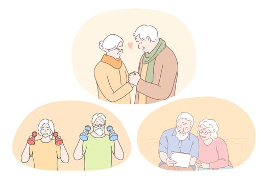 Senior elderly couple living happy active lifestyle concept. Mature aged couple making fitness training, reading book or looking at photo album and enjoying time and love together