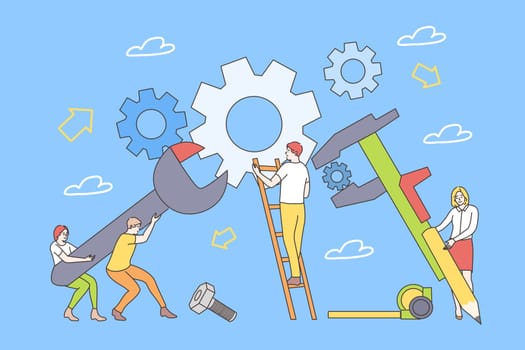 Education, training, repair, teamwork concept. Young team men women boys girls students workers characters learning repairing machines at school university college and vocational study illustration.