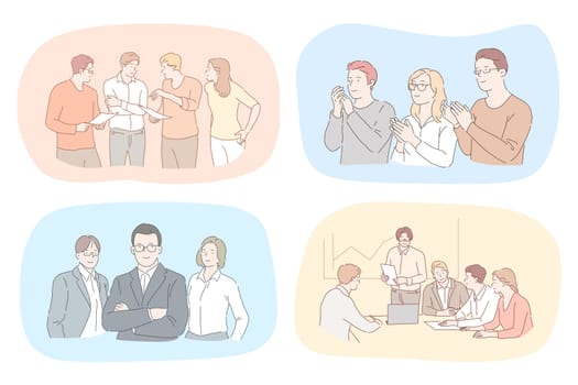 Success, business, leadership, coworking, meeting, partnership, brainstorming, communication, teamwork set. Teams of businessmen women coworkers managers working together in office planning strategy.