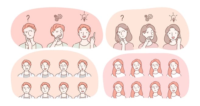 Emotions, facial expression variety concept. Male and female face with various positive and negative expressions showing frustration, enlightenment, sadness, aggression, happiness, brooding, surprise