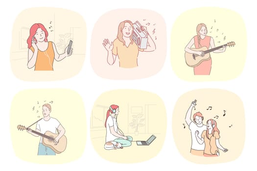 Recreation, antistress, dance, music set concept. Collection of young men women teenagers musicians playing guitar musical instrument singing songs together. Active lifestyle and creative perfomance.
