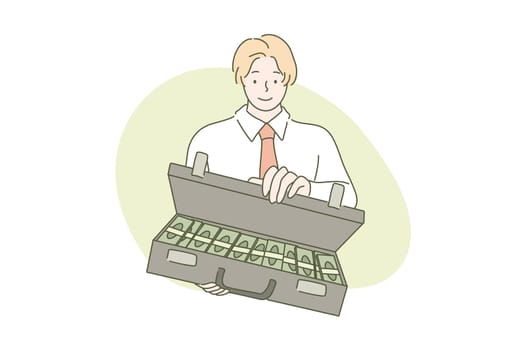 Business deal or proposal, money offe, investment dollar concept. Young businessman, clerk manager, partner, buyer making business deal, bargain or propose money suitcase for investment. Giving payoff