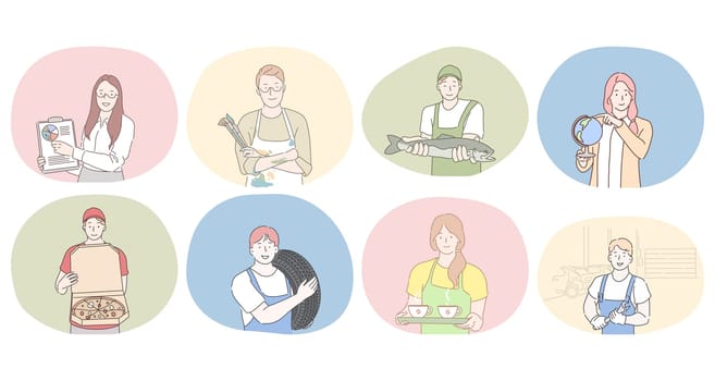 Various professions and occupation concept. People professional marketing specialist, artist, fish seller, geography teacher, pizza delivery man, tire worker, waitress, worker or repairman during work