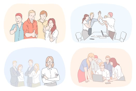 Success, business, leadership, coworking, meeting, partnership, brainstorming, communication, teamwork set. Collection of teams of businessmen women coworkers managers working together in office.