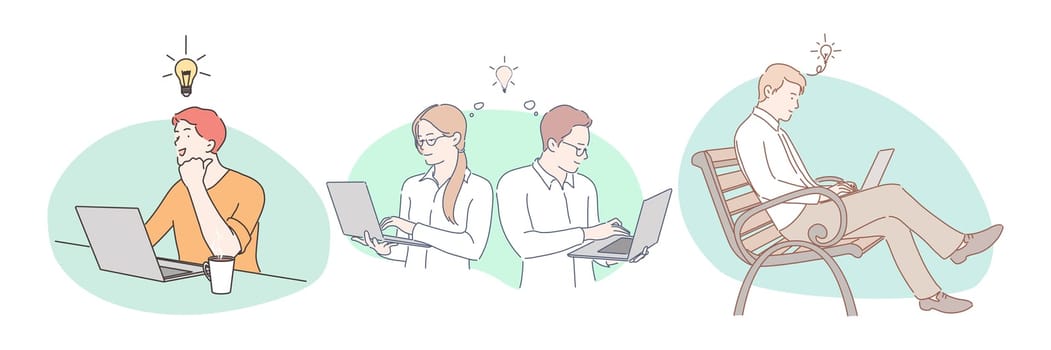 Successful project, great idea, innovation, business concept. Young positive business people sitting with laptops in office or park, working online on laptops and having great ingenious ideas in mind