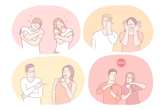 Couple expressing different emotions and signs with hands concept. Young couple cartoon characters showing embracing, care, stop sign, covering face and eyes with hands, pointing at each other