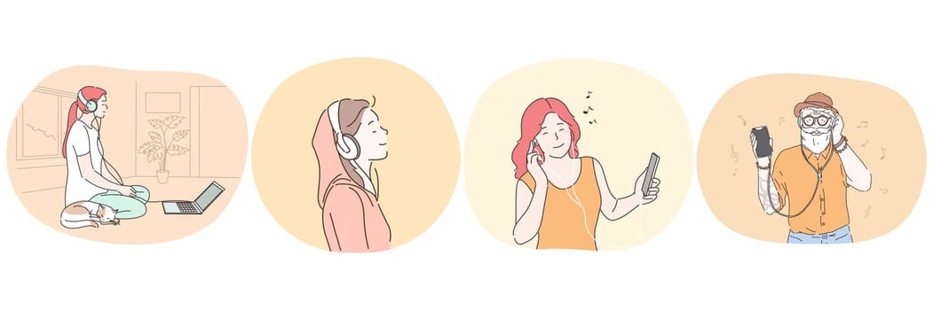 Listening to music or audiobook with headphones concept. Young women and man enjoying favourite music or audiobook, watching movie with headphones connected to laptop or smartphone