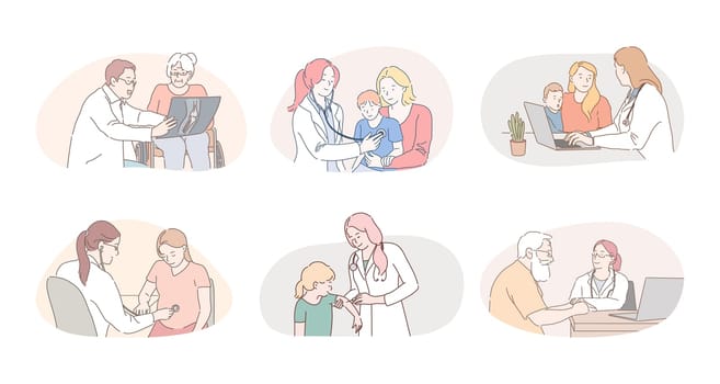 Medicare, healthcare, therapists, paediatricians working concept. Professional doctors therapists and pediatricians cartoon characters consulting and curing patients in medical clinics during visits