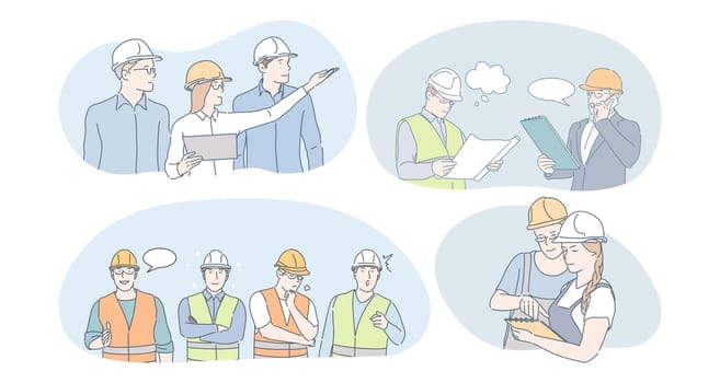 Engineering and construction workers concept. People engineers, builders and managers in protective helmets and uniform communicating and discussing building projects and construction plans together