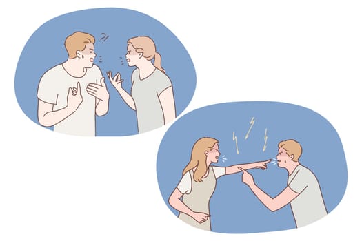 Dispute, conflict, stress, quarrel, abuse, misunderstanding concept. Displeased young couple having conflict during conversation, quarrelling and arguing with aggressive gestures between each other