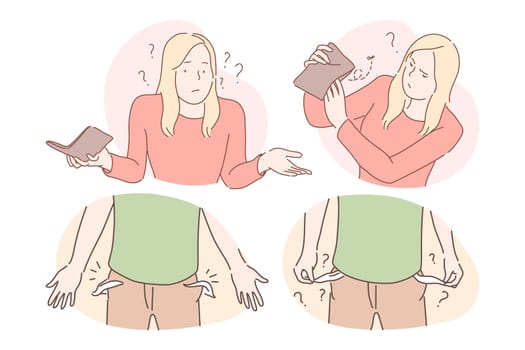 Money loss and cash robbery concept. Frustrated man and woman cartoon characters showing money loss in purse and pockets and feeling frustration and misunderstanding about disappear