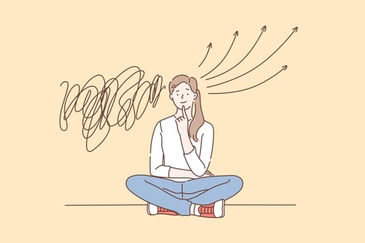 Strategy, solution, brainstorm concept. A young woman solves a puzzle and finds a solution. Concentrated student girl thinking or looks for the answer to a question. Vector flat design.
