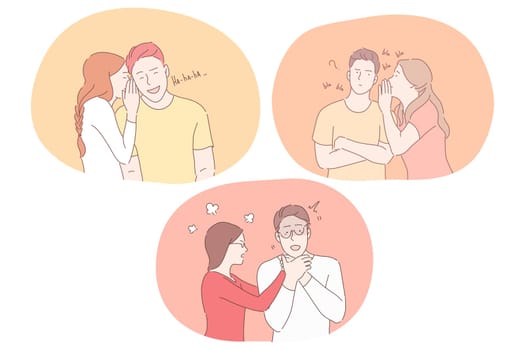 Love, hate and different emotions in couple relations concept. Young couples cartoon characters flirting, whispering secrets, talking, quarrelling and expressing various emotions vector illustration