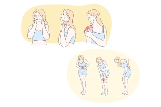Woman having chronic pain in body and joints concept. Young woman cartoon character suffering from back, neck, shoulder, knee, belly pain or arthritis with red indicator on pain focus