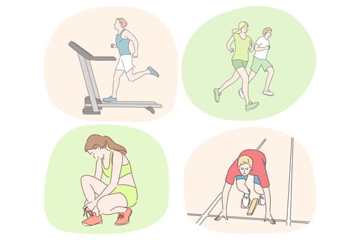 Running, healthy active lifestyle, sport, athletics, workout concept. Young sportsmen cartoon characters practicing running and jogging training on treadmill in gym and outdoors in park