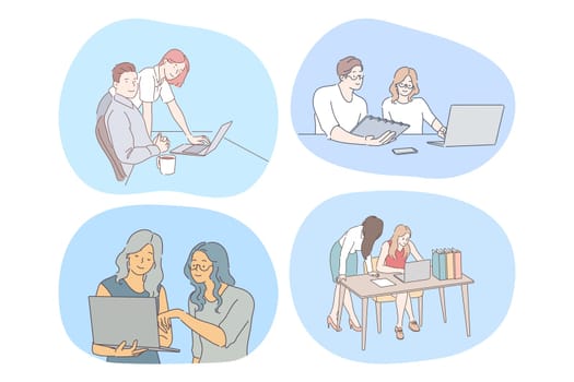 Teamwork, cooperation, startup concept. Young office workers colleagues coworkers working together on projects with laptops and discussing ideas in office. Partnership, collaboration, business group