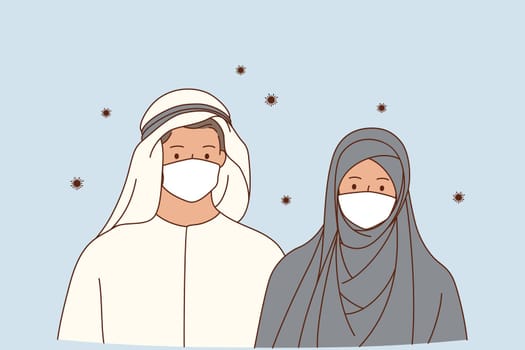 Individual Protection against Coronavirus infection concept. Muslim husband and wife cartoon characters wearing protective medical masks for virus prevention standing outdoors vector illustration