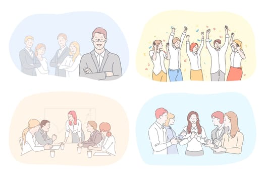 Success, business, leadership, coworking, meeting, partnership, brainstorming, communication, teamwork set. Teams of businessmen women coworkers celebrating victory managers working together in office