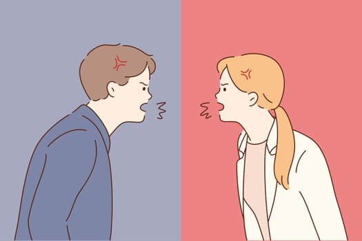 Angry furious business people partners shouting at each other and fighting concept. Young aggressive man and woman feeling anger and screaming during scandal and quarrelling in office
