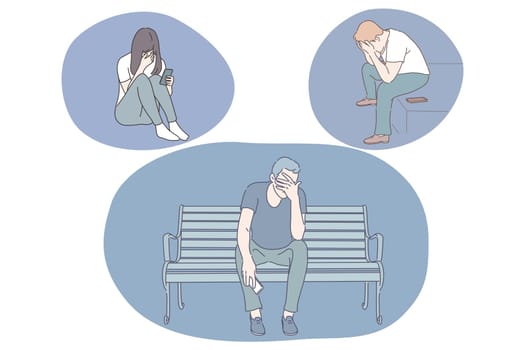 Sadness, stress, loneliness, mental depression, grief, breaking up, quarrel concept. Young people sitting with smartphones, covering face with hands and suffering from deep depression or grief