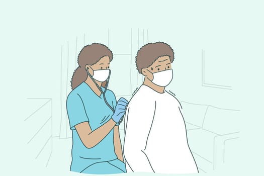 Doctor with home service patient during work concept. Young black woman professional doctor or nurse cartoon character in medical mask checking up mature patient with stethoscope at home illustration