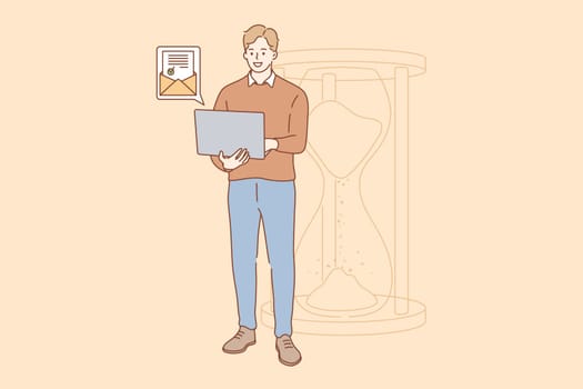 Efficiency in work, successful task completion, excellent time management. Happy young businessman standing with laptop near big sandglass and getting good news by email vector illustration