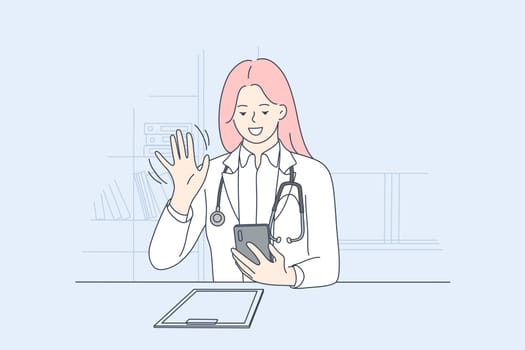 Telemedicine, online doctor, telehealth concept. Smiling female doctor greeting patient online on smartphone during video call, woman therapist making remote consultation in mobile application