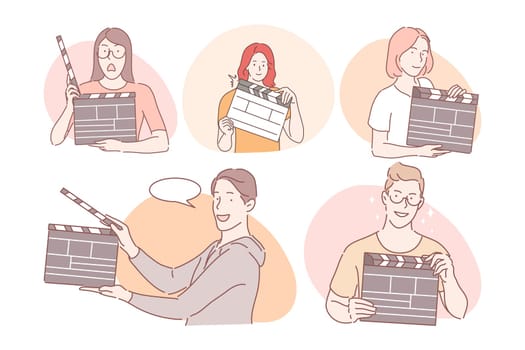 Filmmaking workers with clapperboard concept. Young positive men and women working in cinema production with movie clapperboard and clapping for another take during filmmaking vector illustration