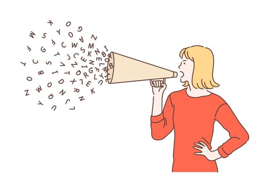 Promotion, advance, campaign concept. Emotional woman using megaphone for advertising or digital marketing. Feminist girl speaking loudly in the megaphone. Vector flat design.