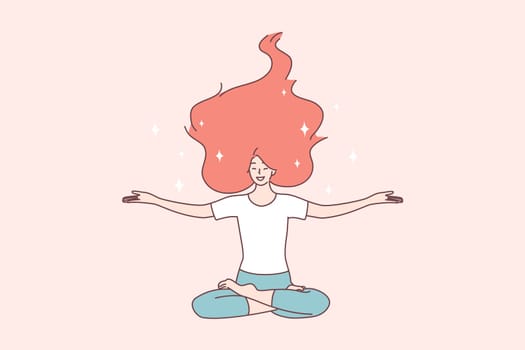 Healthy happy lifestyle, bodycare, harmony concept. Happy woman with red hair sitting on floor with open arms in lotus position, meditating and feeling happy about all news in life