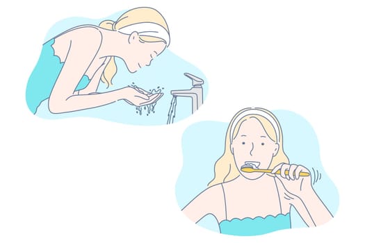 Morning, healthcare, hygiene set concept. Young merry, contented girl washes face and brushes teeth every morning with pleasure. Morning hygiene is closely linked to healthcare. Simple flat vector
