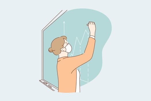 Teacher working during coronavirus pandemic concept. Young woman class teacher cartoon character in protective medical mask writing information on board during quarantine virus situation in school