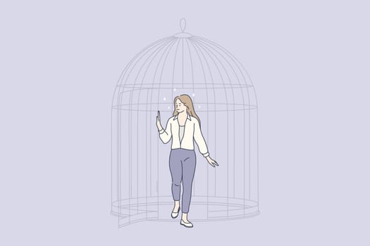 New opportunities, mental development, freedom concept. Young woman cartoon character making step out of cage and releasing herself from confined space getting freedom of mind illustration