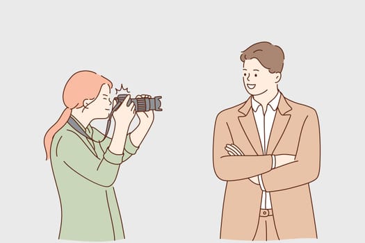 Paparazzi, success, fame concept. Young woman photographer cartoon character taking photo of successful smiling confident businessman with camera for magazine or interview illustration