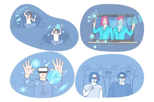 Virtual reality and cyberspace through 3d glasses concept. Young surprised women and men wearing special masks and glasses for simulation cyberspace touching space in futuristic digital reality